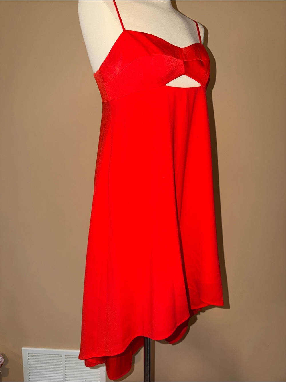 BCBG Red Asymmetrical Spaghetti-Strap Cutout Dress